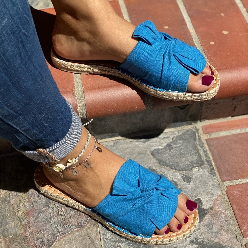 LADIES BLUE WIDE BAND FRONT BOW FLAT ESPADRILLES